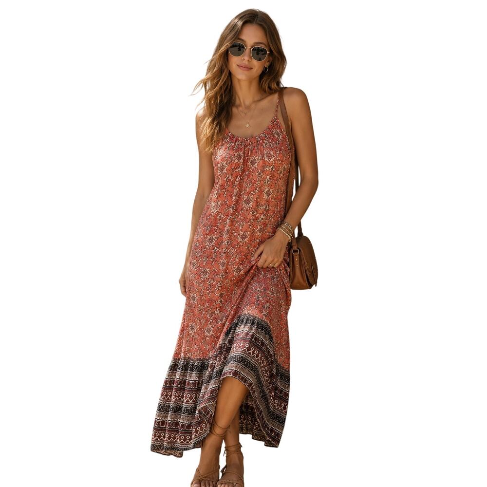 Reba Western Maxi Dress Womens Large Red Mixed Print Halter Long Tassels